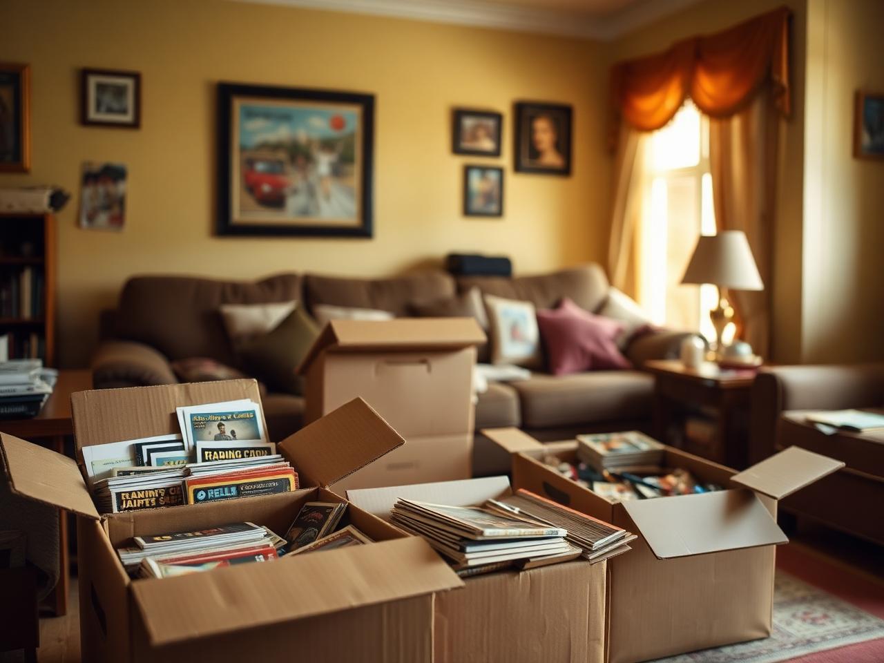 Boxes of cards, comics and collectibles waiting to be opened
